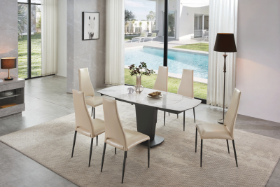Dining Room Furniture Kitchen Tables and Chairs Sets 2417 Marble Table White with 3405 Cream Chairs